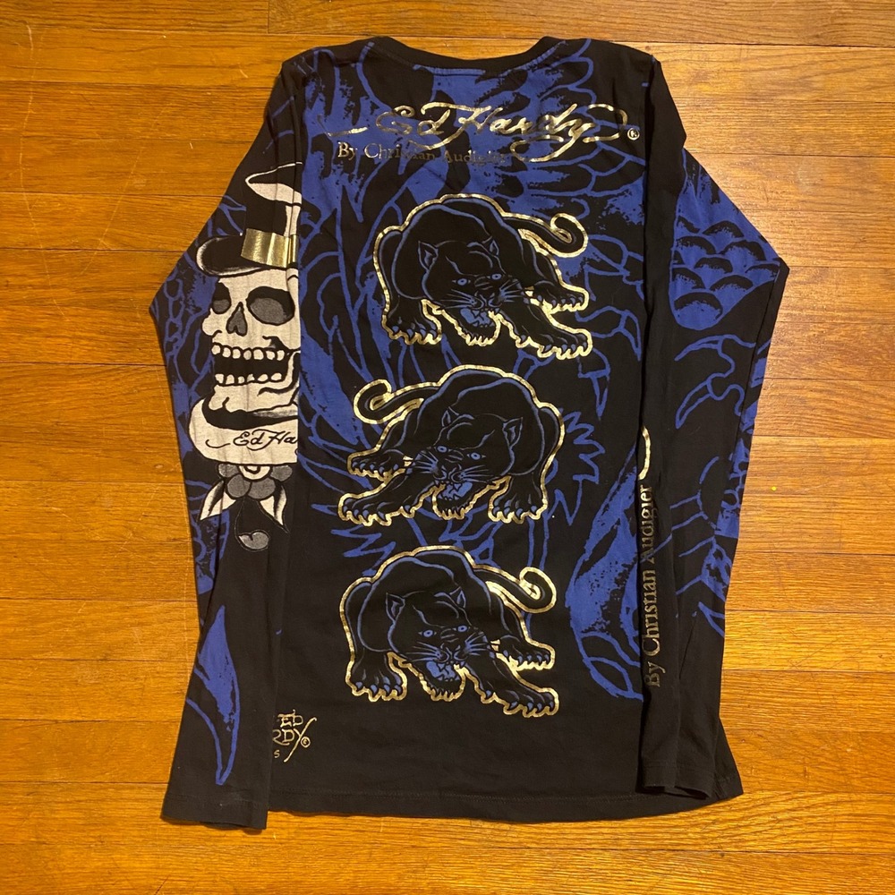 Ed Hardy Christian Audigier Long Sleeve Skull Panther Rhinestone AOP Womens S - Picture 3 of 7